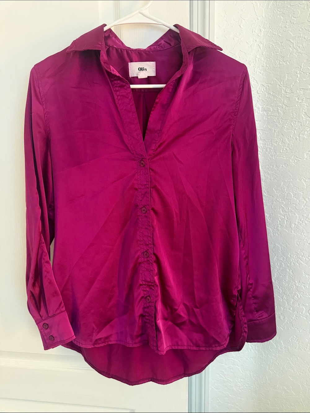 Vici Satin Button-Down Shirt in Fuchsia